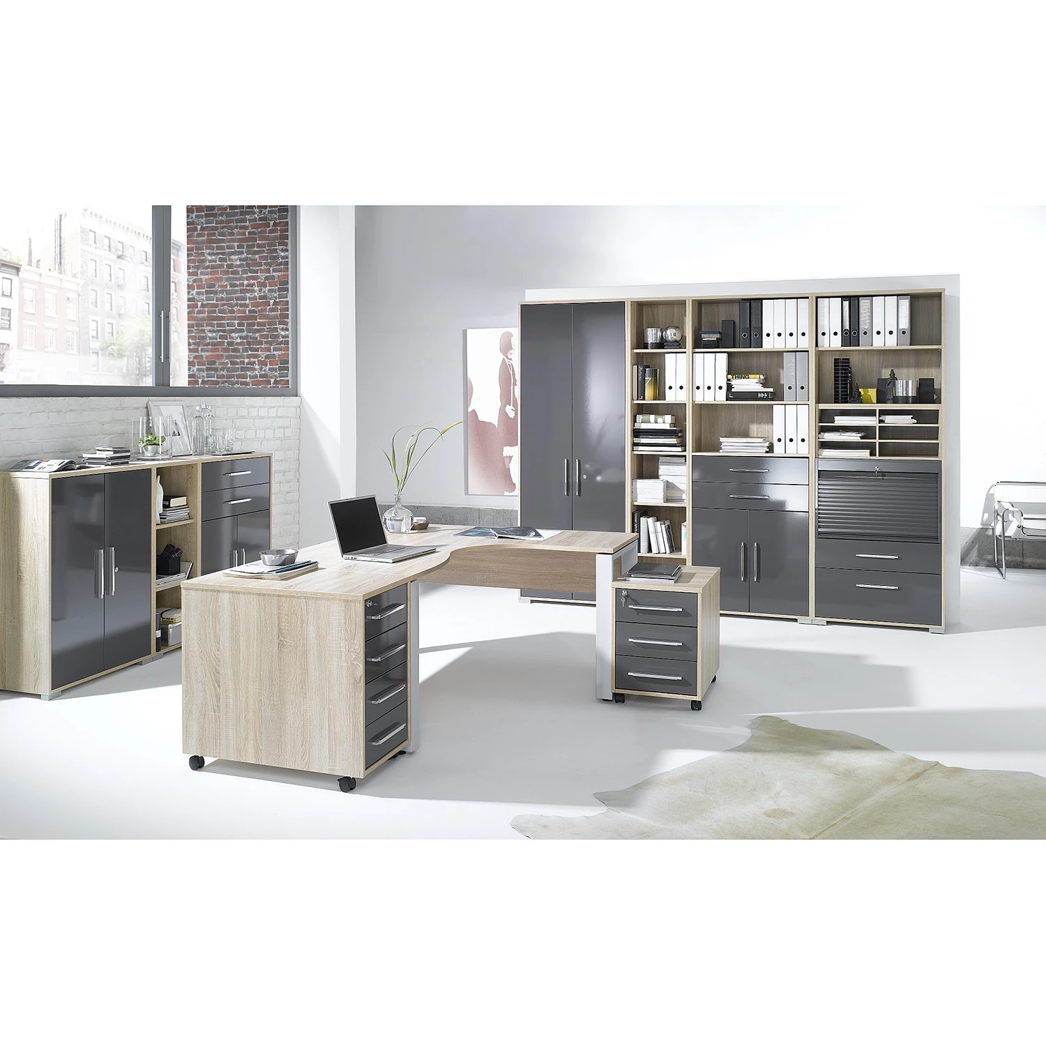 Maja Möbel Combinaison de bureau Merit V - 10 éléments - Imitation chêne de Sonoma / Gris brillant