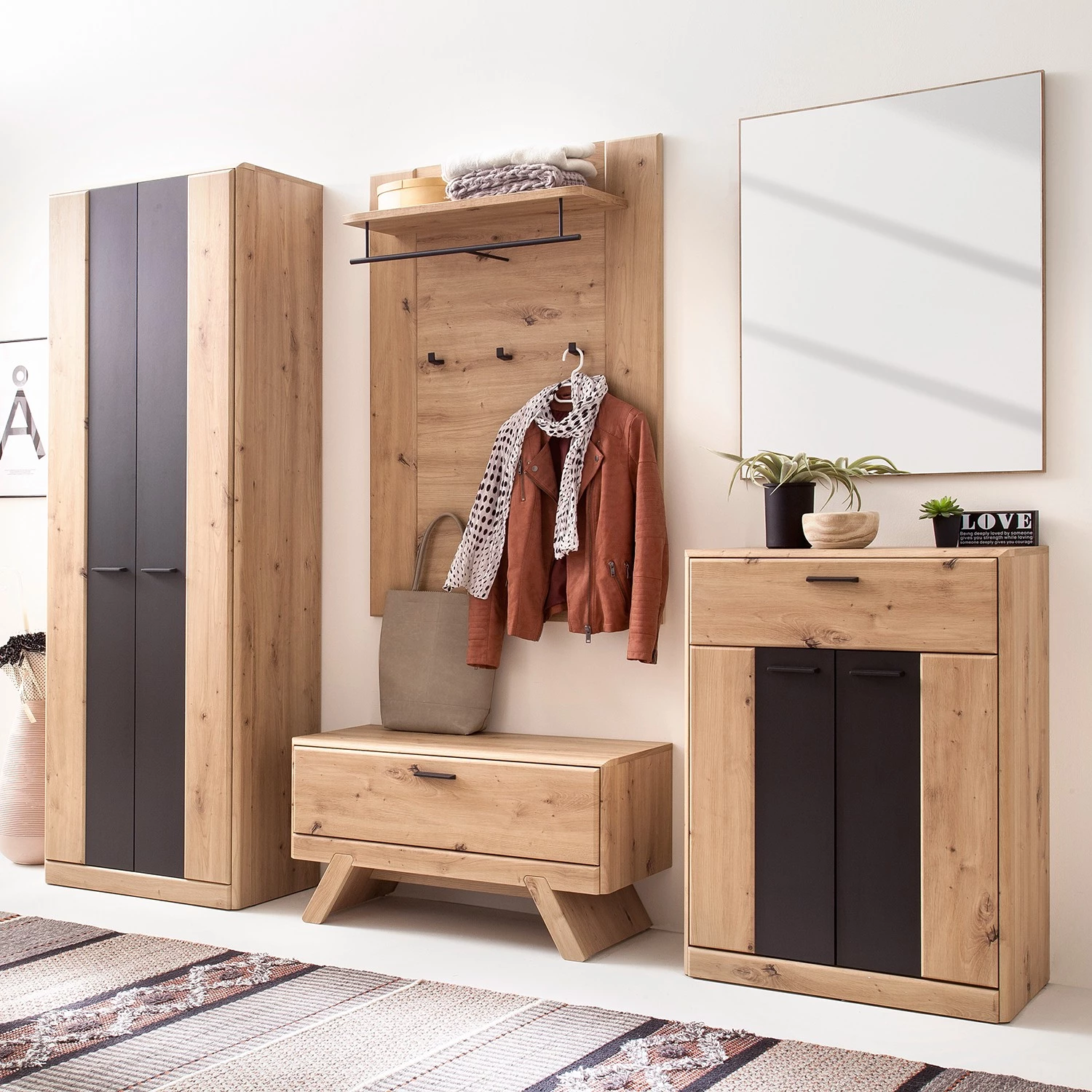 Naturoo Ensemble d’entrée Coulogne (5 éléments) - Imitation planches de chêne / Gris