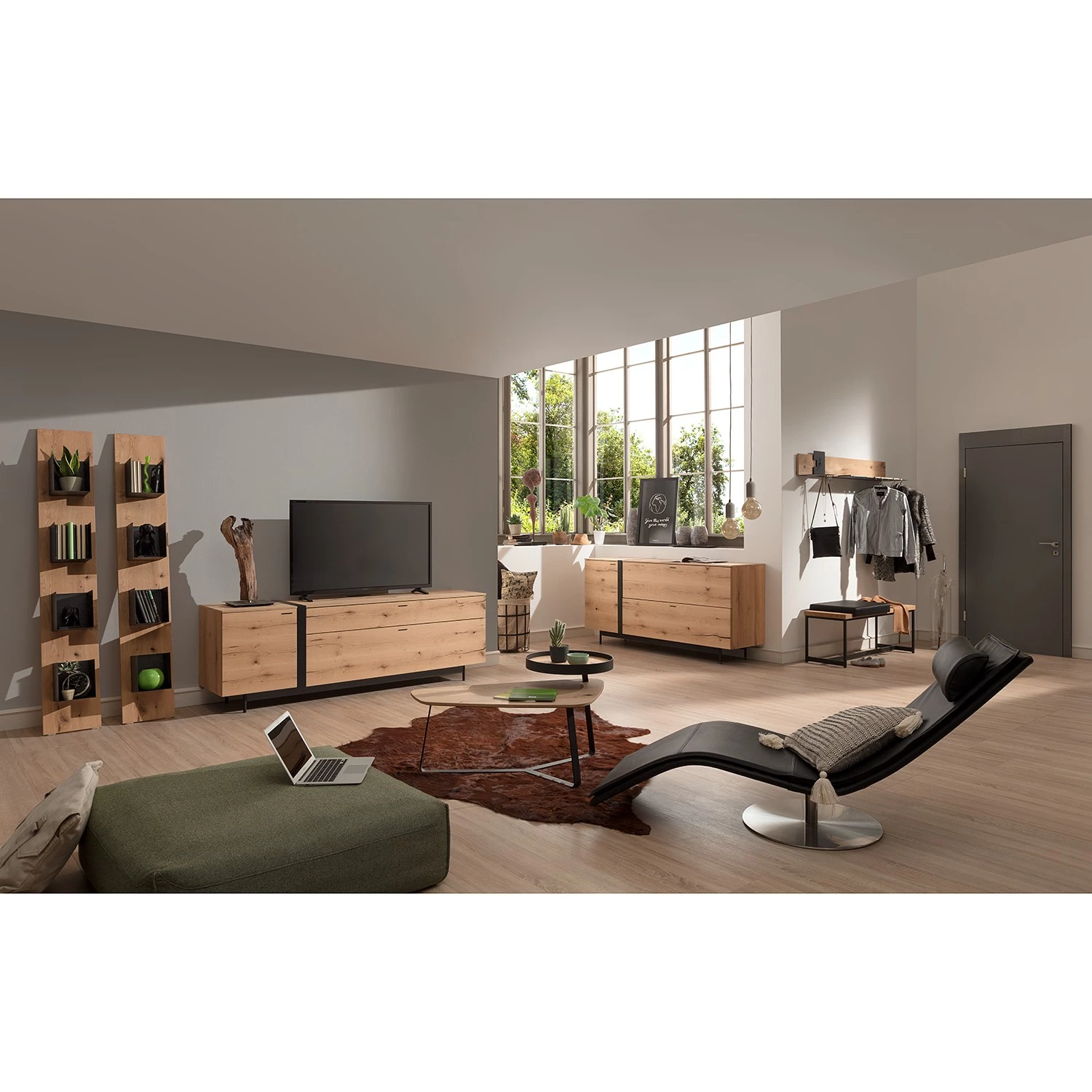 GWINNER Ensemble d’entrée Style (2 éléments) - Cuir véritable / Placage en bois véritable - Noir / Chêne – Image 2