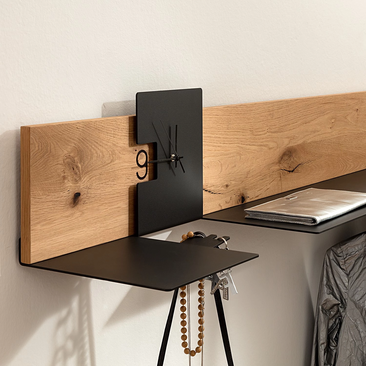 GWINNER Ensemble d’entrée Style (2 éléments) - Cuir véritable / Placage en bois véritable - Noir / Chêne – Image 6