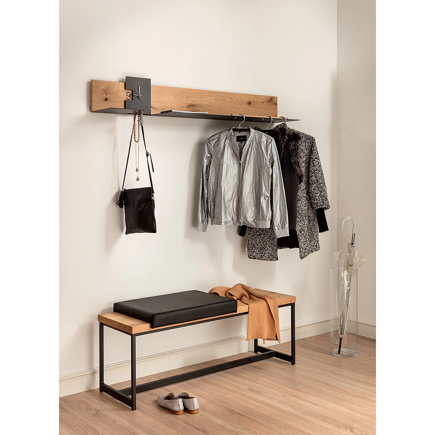 GWINNER Ensemble d’entrée Style (2 éléments) - Cuir véritable / Placage en bois véritable - Noir / Chêne