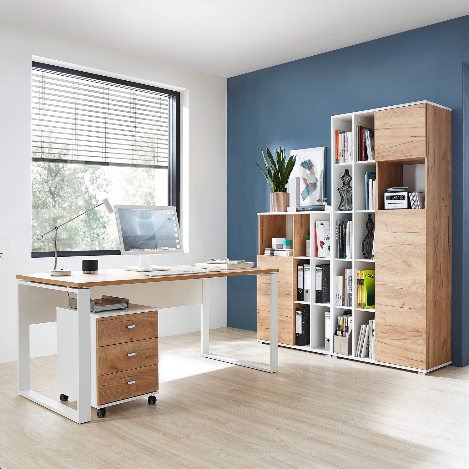 Germania Ensemble de bureau Lioni II (4 éléments) - Imitation chêne de Navarre / Blanc