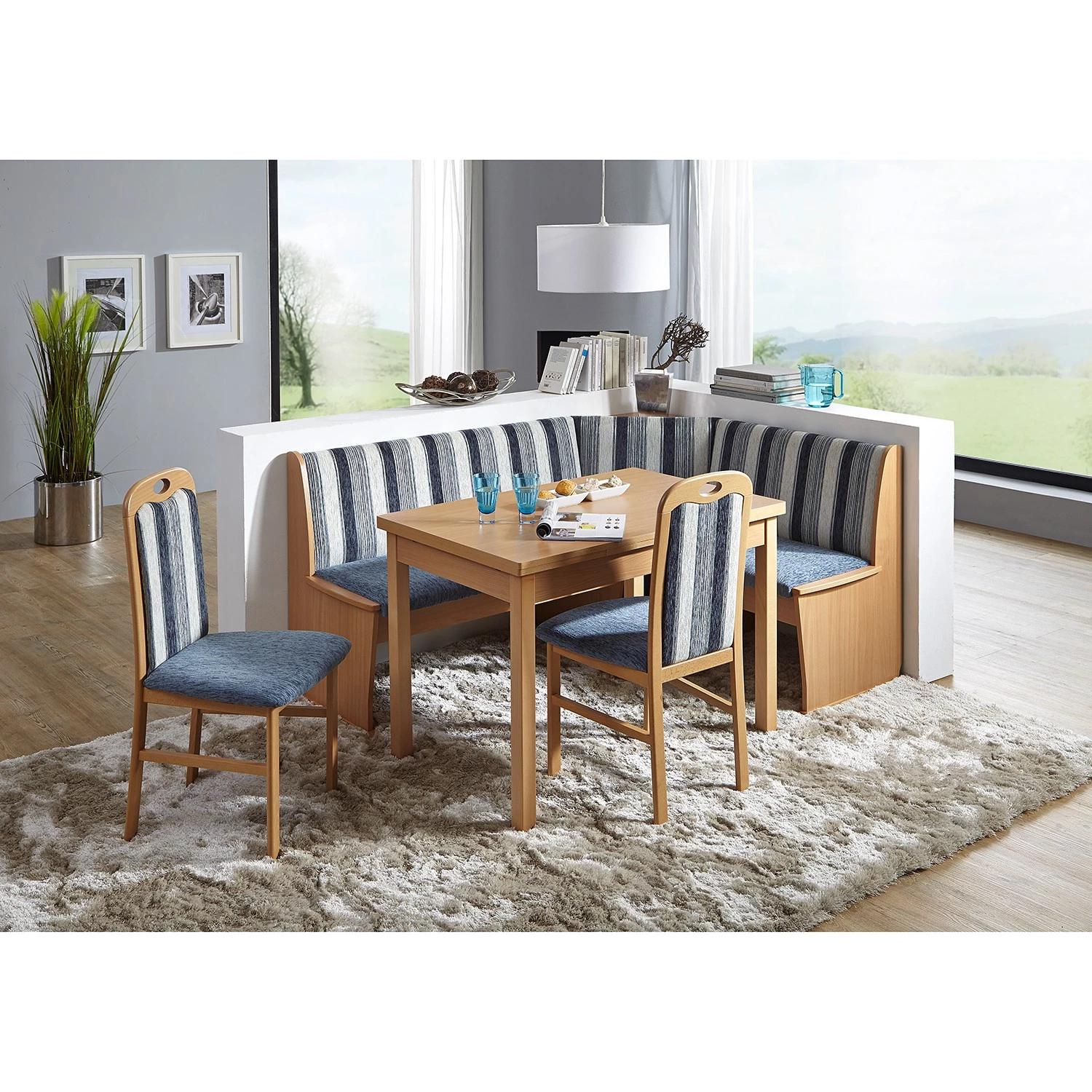 Schösswender Salle à manger Hamburg I (4 éléments) - Tissu / Partiellement en hêtre massif - Rayé bleu / Hêtre