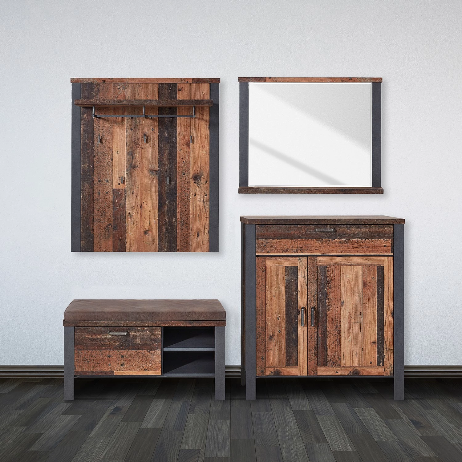 Red Living Ensemble d’entrée Blackpool II (4 élém.) - Imitation bois recyclé / Gris