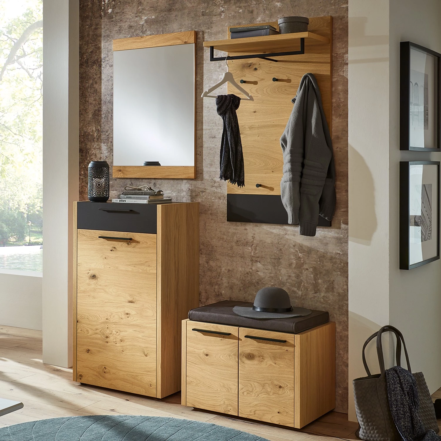 Voss Ensemble d’entrée Levio III (4 éléments) - Placage en bois véritable - Chêne - Noir