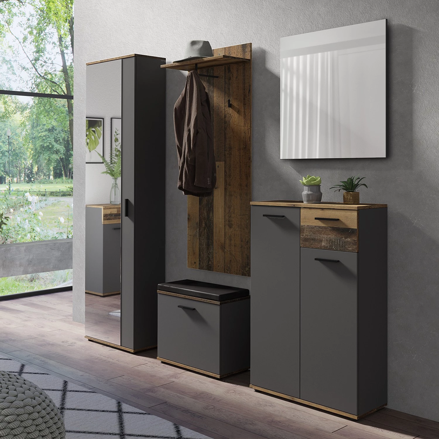 Loftscape Ensemble d’entrée Chippewa I (5 élém.) - Gris foncé / Imitation bois ancien