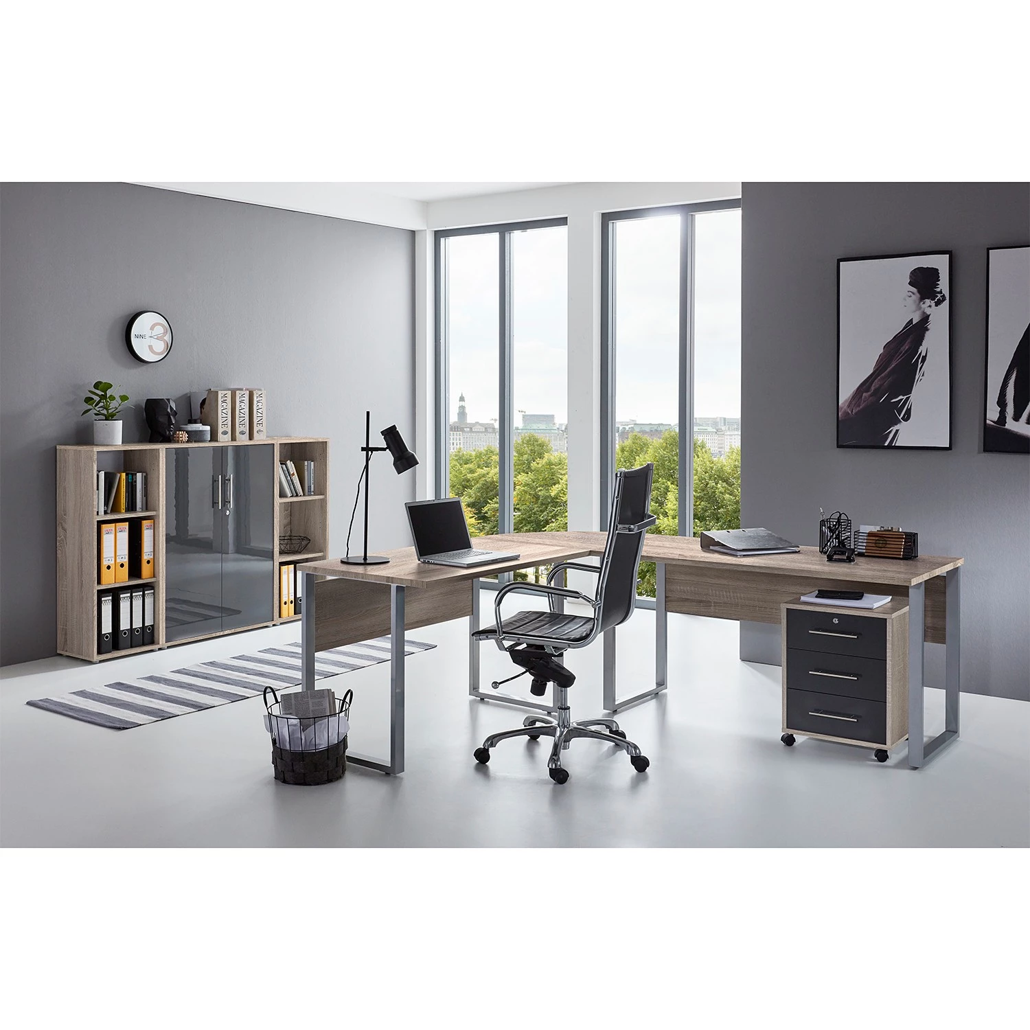 Furnitive Ensemble de bureau Avin I (5 éléments) - Imitation chêne Sonoma / Anthracite brillant