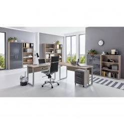 Furnitive Ensemble de bureau Avin IV (7 éléments) - Imitation chêne Sonoma / Anthracite brillant