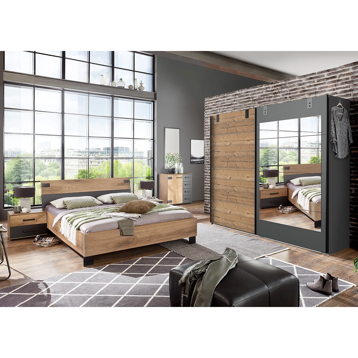 Wimex Chambre Malmoe II (4 éléments) - Imitation sapin blanc / Graphite - 160 x 200cm - Largeur : 225 cm