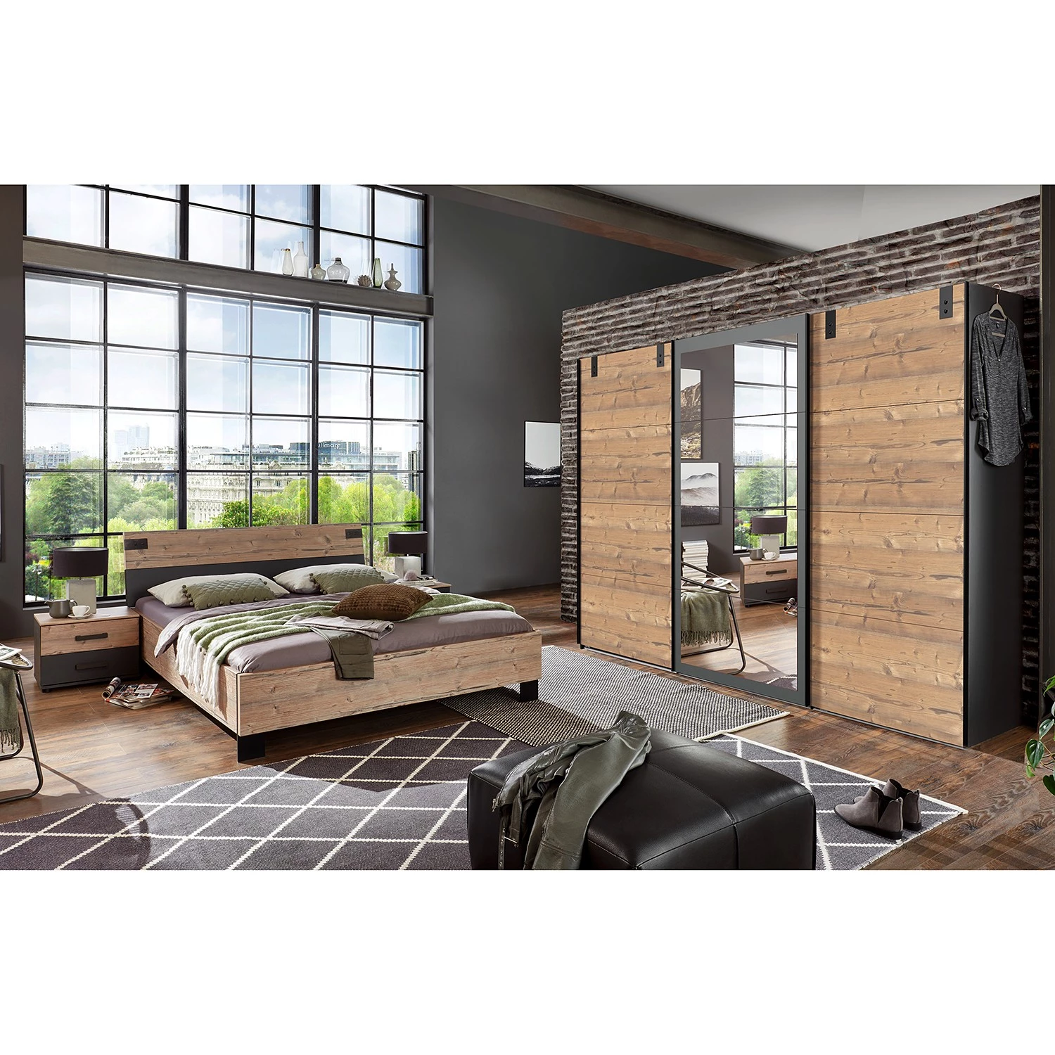 Wimex Chambre Malmoe III (4 éléments) - Imitation sapin blanc / Graphite - Largeur : 225 cm