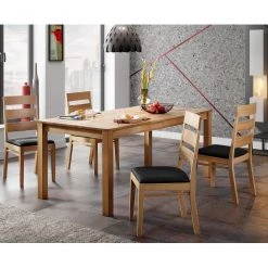 Naturoo Salle à manger Boras (5 éléments) - Duramen de hêtre massif / Imitation cuir - Duramen de hêtre / Noir