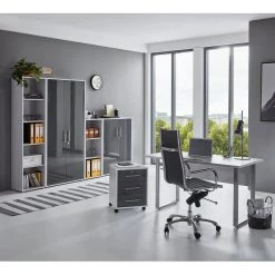 Furnitive Ensemble de bureau Avin XII (6 éléments) - Gris clair / Anthracite brillant