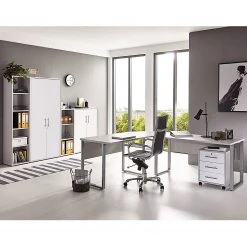 Furnitive Ensemble de bureau Avin III (6 éléments) - Gris clair / Blanc mat