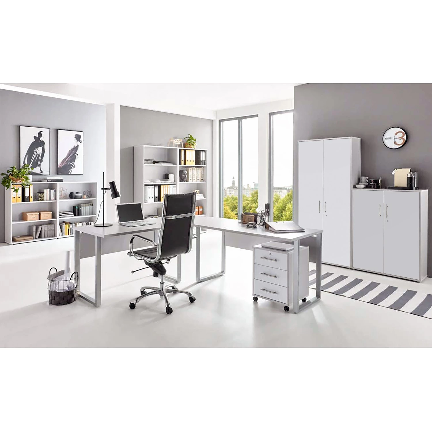 Furnitive Ensemble de bureau Avin IX (8 éléments) - Gris clair / Blanc mat