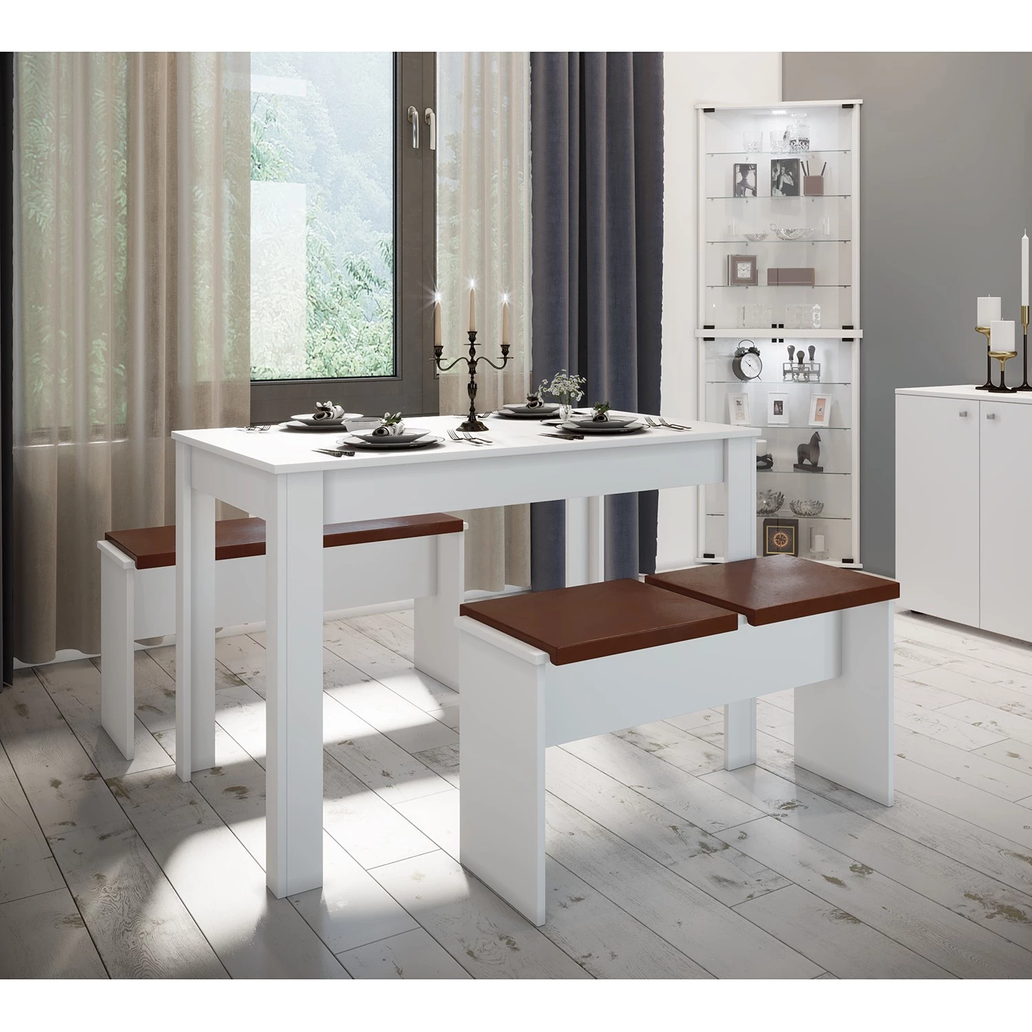 VCM Salle à manger Esal XXL (3 éléments) - Blanc / Marron – Image 2