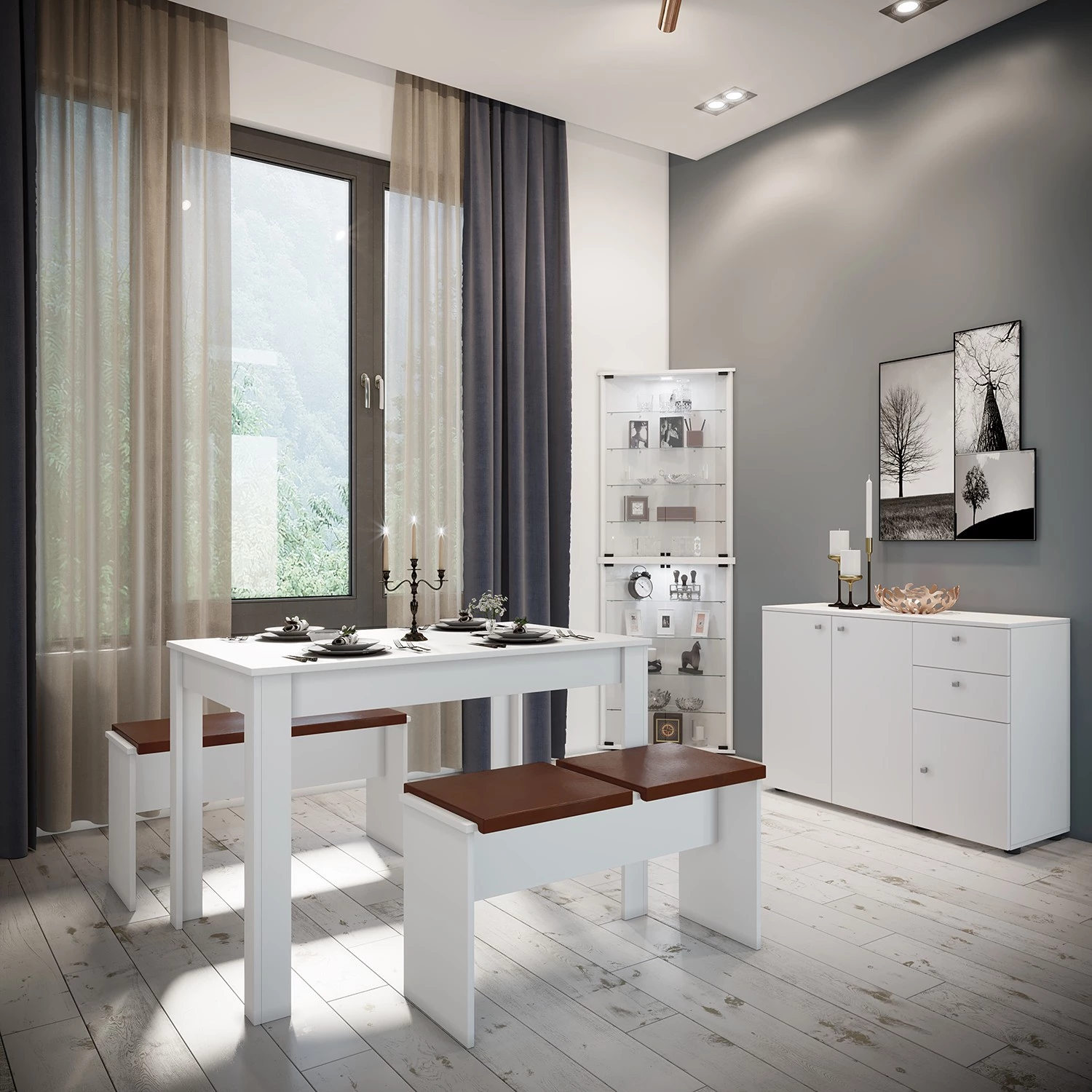 VCM Salle à manger Esal XXL (3 éléments) - Blanc / Marron – Image 3