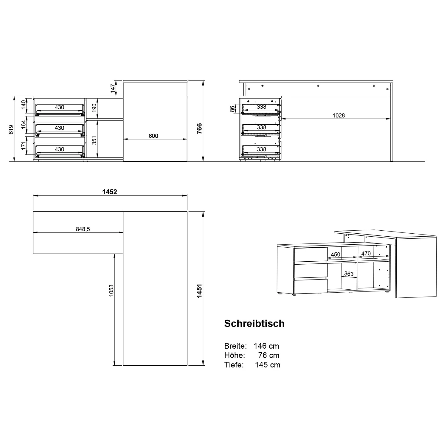 Germania Ensemble bureau GW-Lisbonne V (2 élém.) - Imitation Chêne de Navarre / Graphite – Image 11