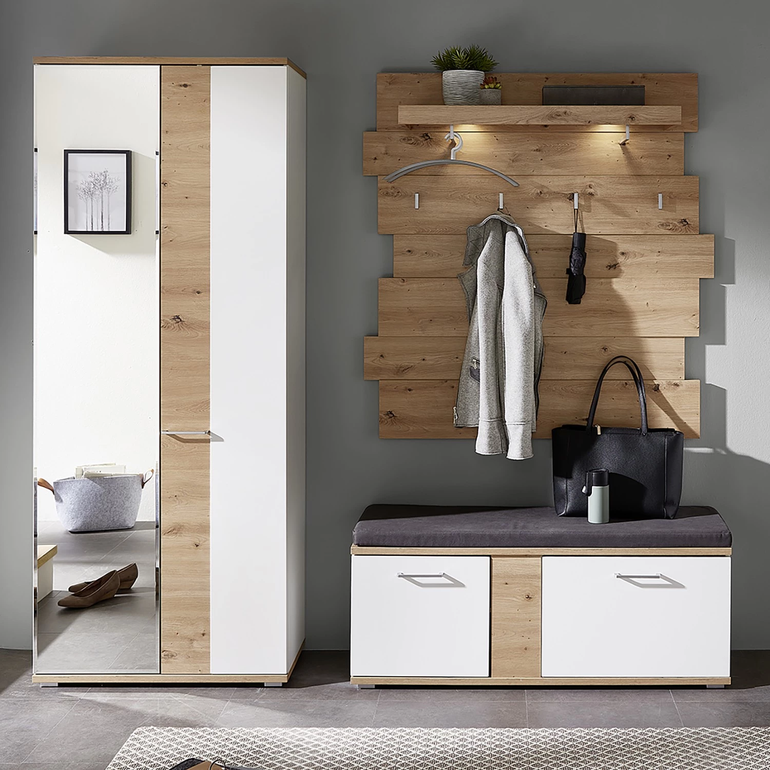 Maison Belfort Ensemble d’entrée Nizao I (3 éléments) - Éclairage intégré - Imitation chêne artisan / Blanc