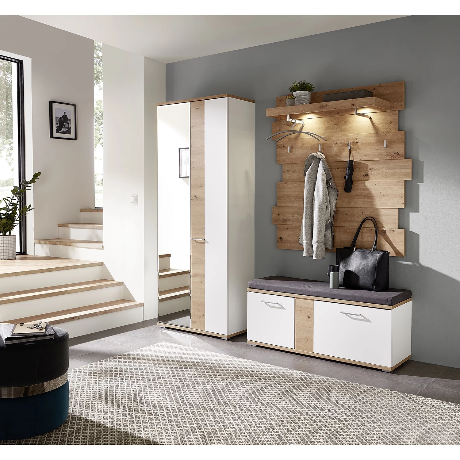 Maison Belfort Ensemble d’entrée Nizao I (3 éléments) - Éclairage intégré - Imitation chêne artisan / Blanc – Image 2