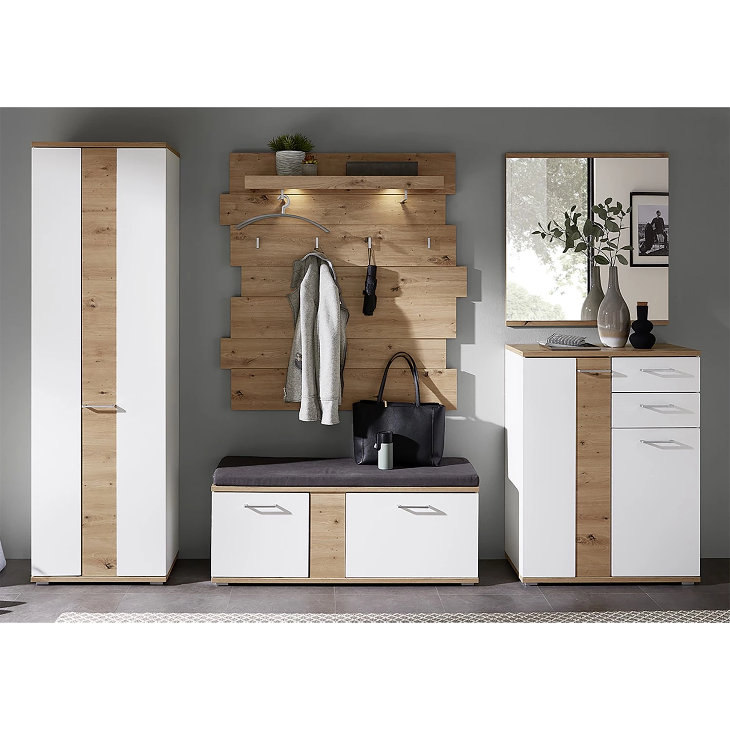 Maison Belfort Ensemble d’entrée Nizao II (5 éléments) - Éclairage intégré - Imitation chêne artisan