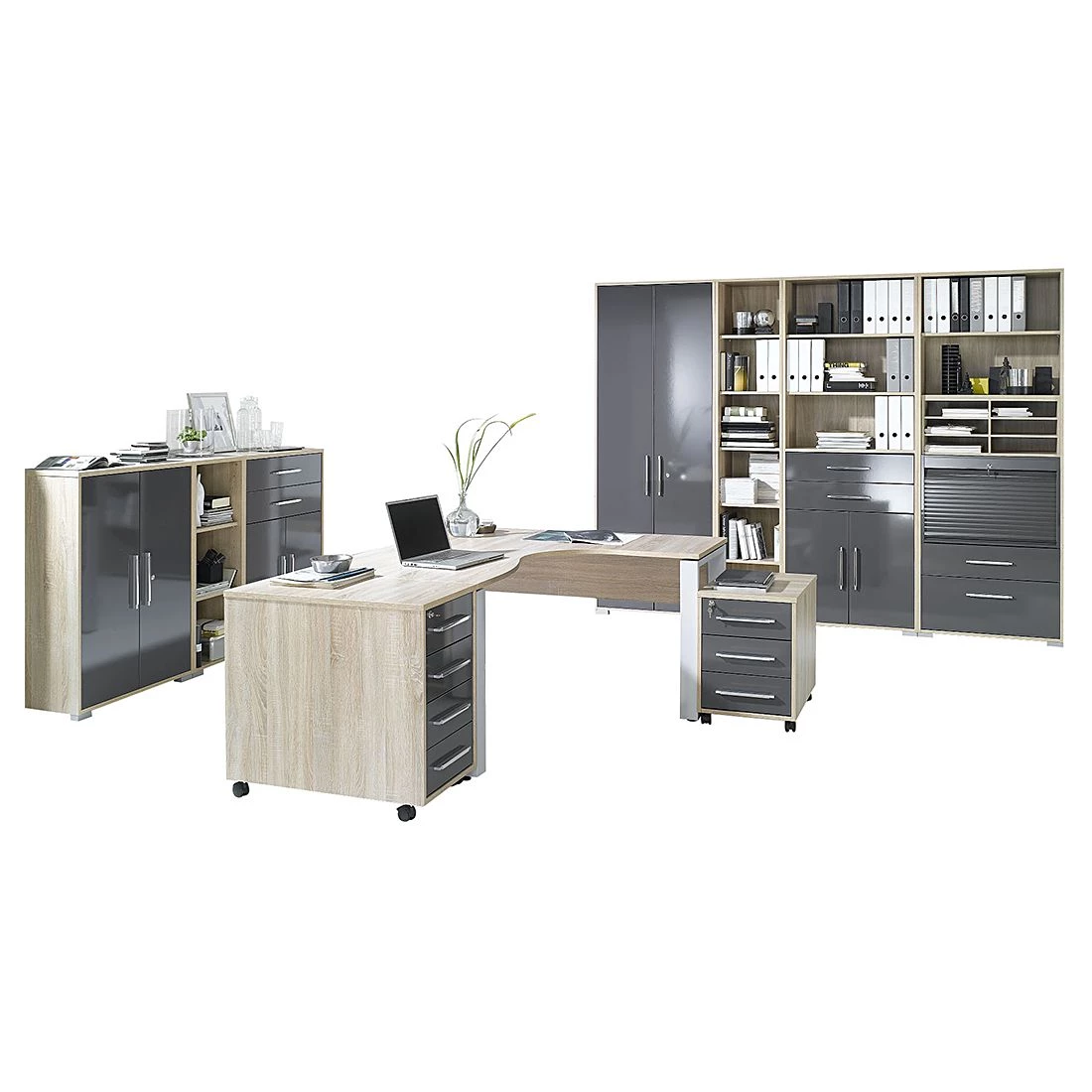 Maja Möbel Combinaison de bureau Merit V - 10 éléments - Imitation chêne de Sonoma / Gris brillant – Image 3